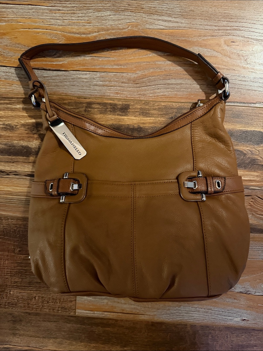 Tignanello Cognac Pebbled Leather Shoulder Hobo